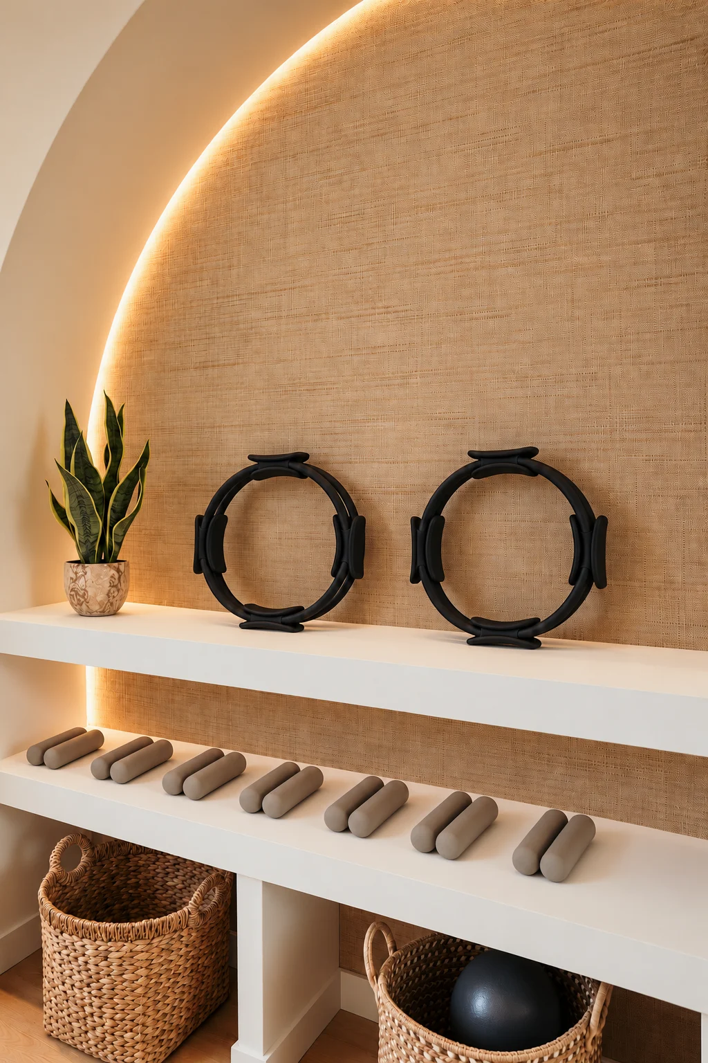Shelves with Pilates rings, props and baskets in the studio, under a warm illuminated arch