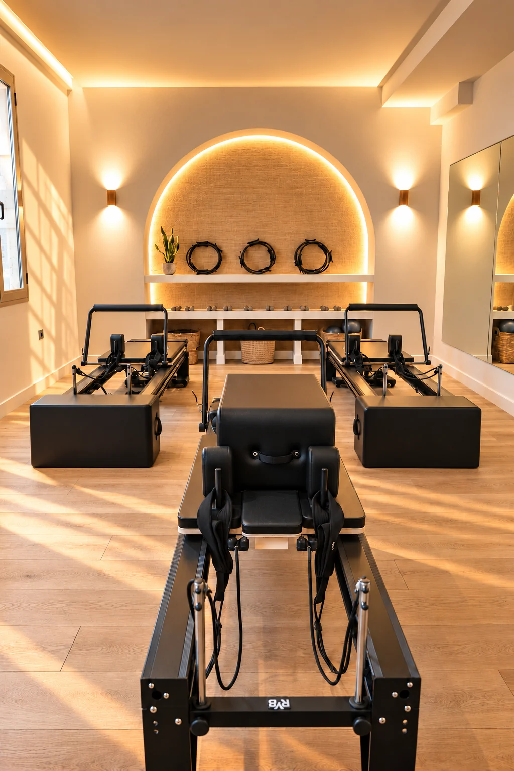 Reformer room at Fusion Pilates in Palma, with rows of machines and an illuminated arch