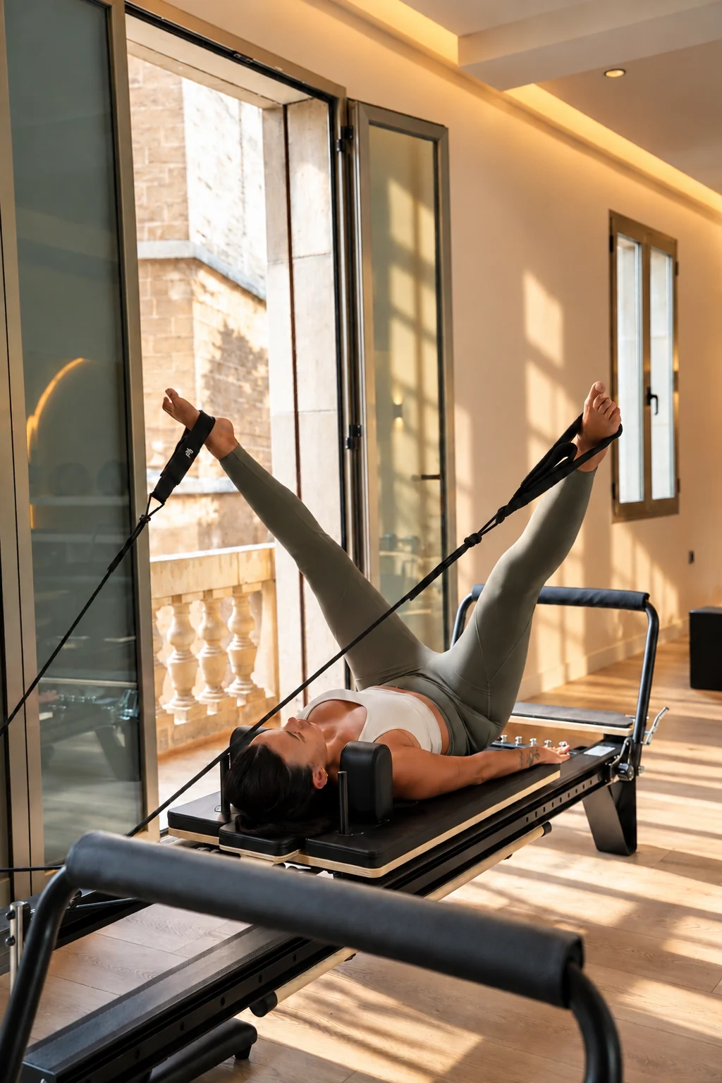 Leg exercise using Reformer straps in the sunlit studio