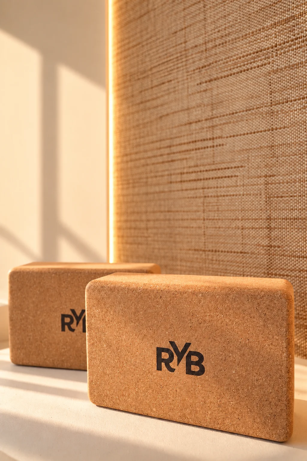Two RYB cork Pilates blocks in the sunlight